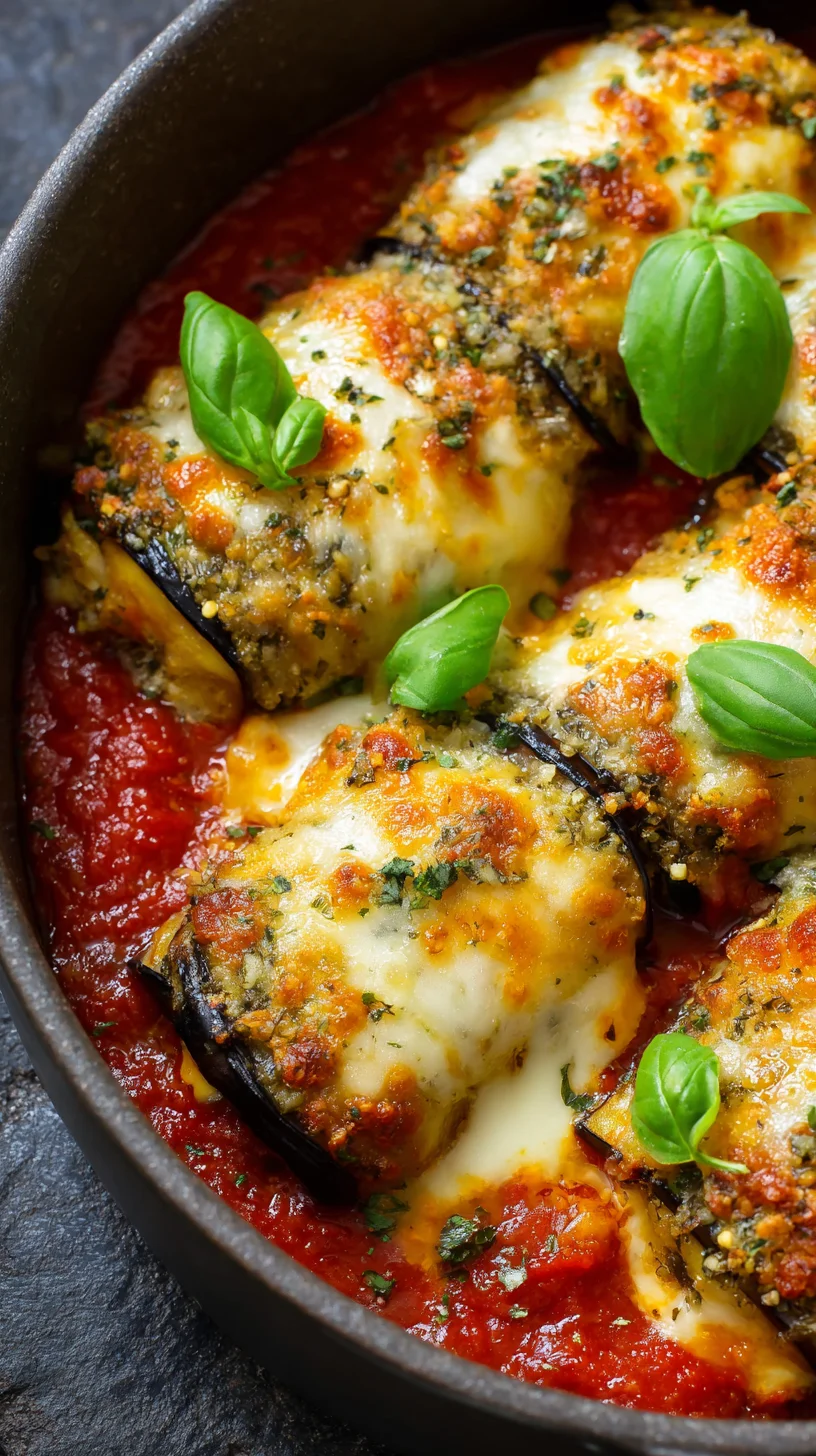 Baked eggplant involtini with melted mozzarella. Baked eggplant involtini with melted mozzarella.