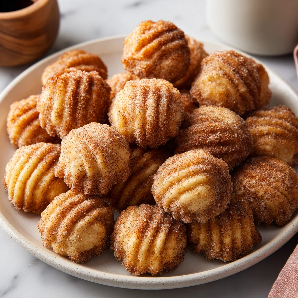 Golden brown churro pieces sprinkled with cinnamon sugar.