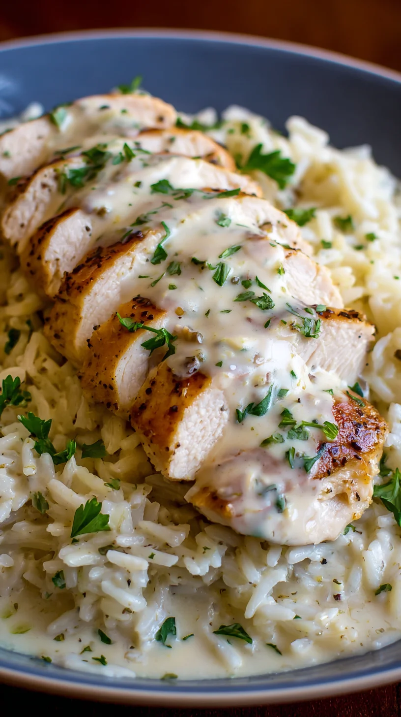 Creamy smothered chicken and rice dish.