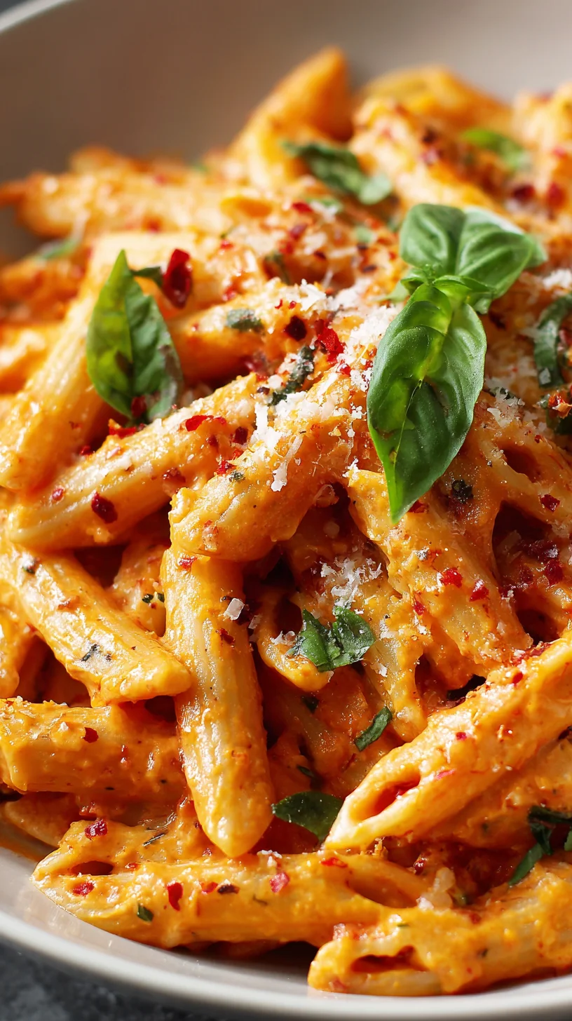 Creamy tomato pasta in a pot, ready to serve.