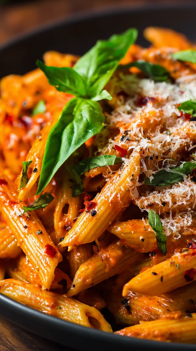 Close-up of vibrant, creamy tomato pasta dish.
