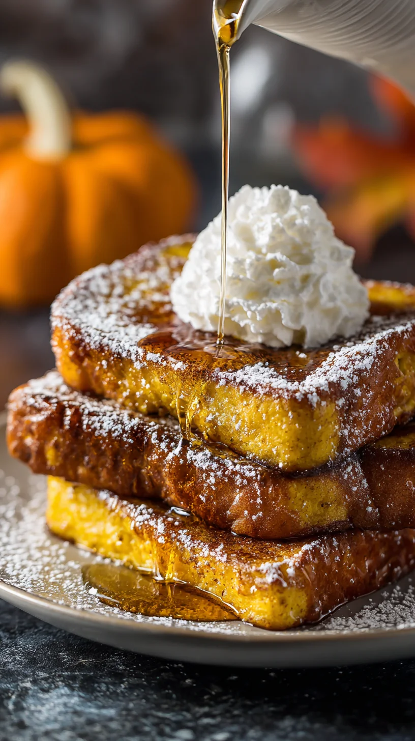 Stack of pumpkin French toast with syrup.