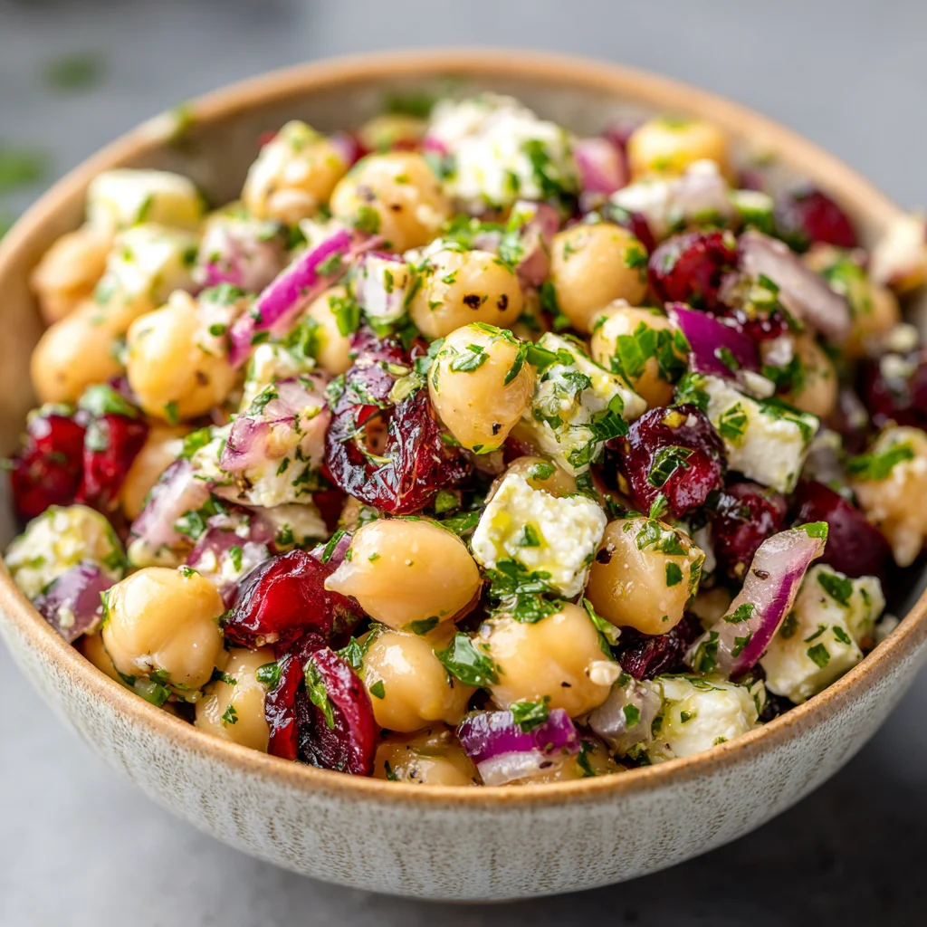 Close-up of feta and cranberry chickpea salad. Close-up of feta and cranberry chickpea salad.