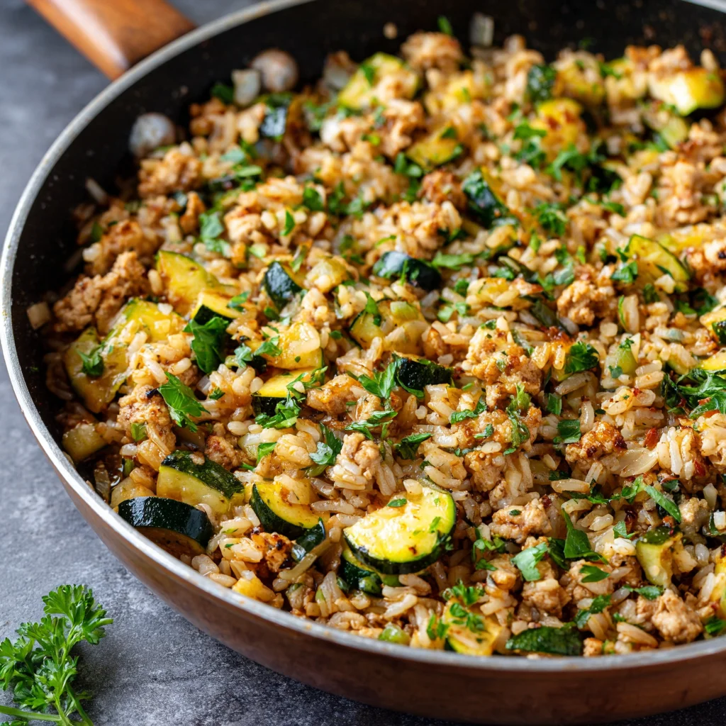 Ground chicken, zucchini, and rice skillet meal.