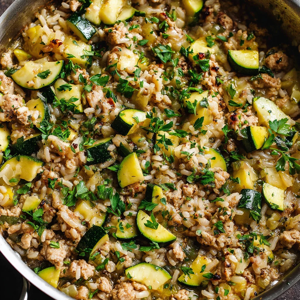 Close-up of a colorful zucchini rice skillet. Close-up of a colorful zucchini rice skillet.