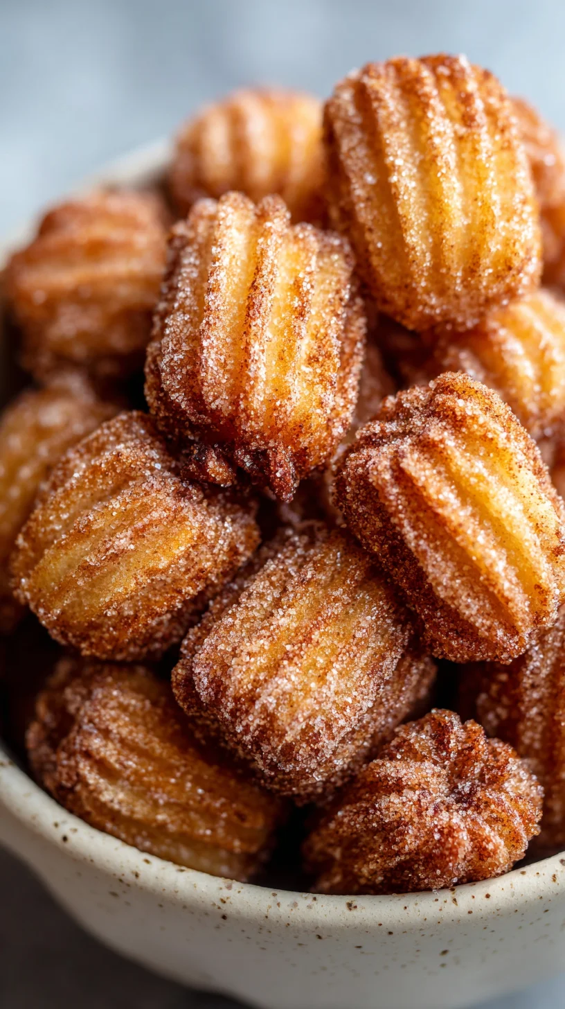 Close-up of crispy air fryer churro bites. Close-up of crispy air fryer churro bites.