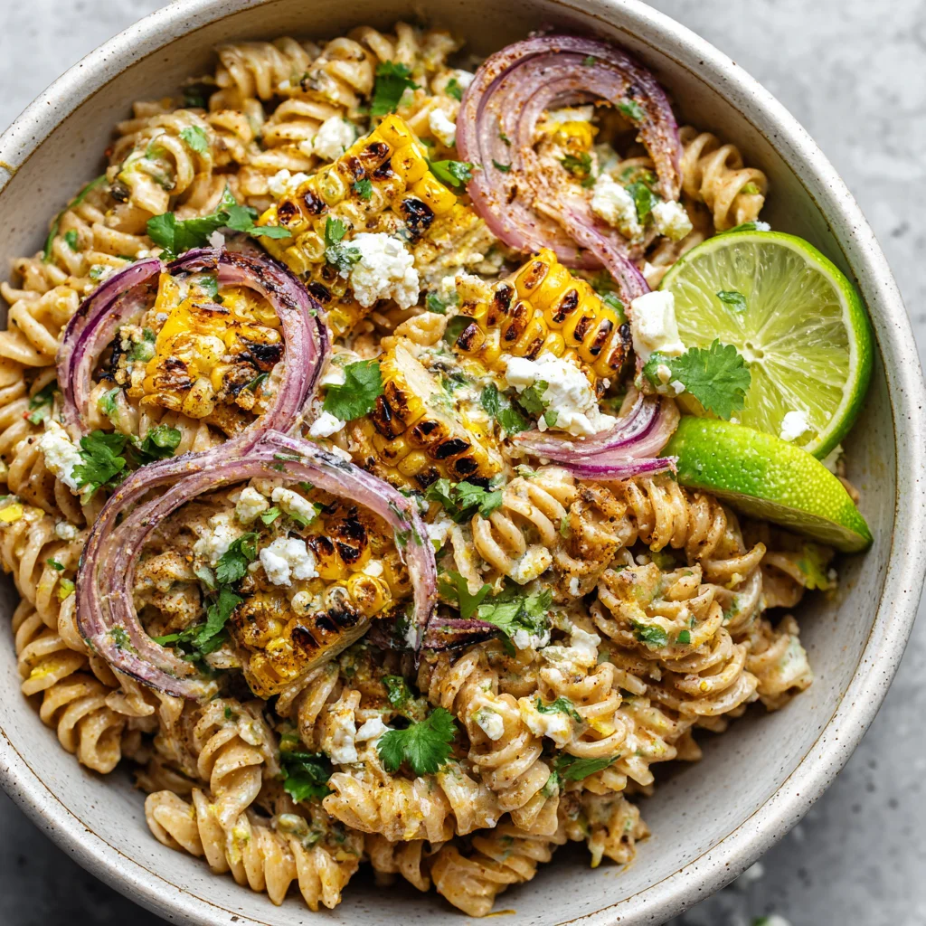 Street corn pasta salad with vibrant colors.
