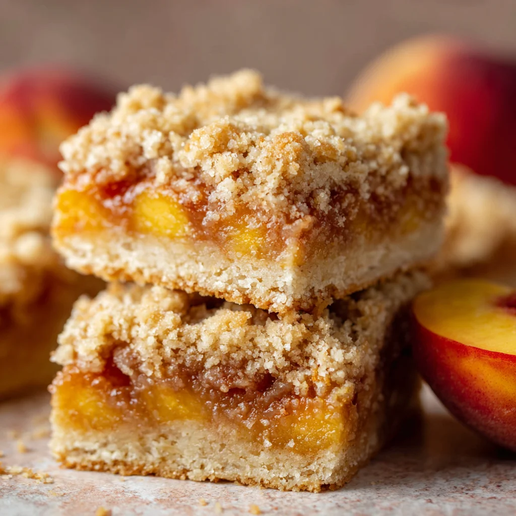 Peach bar dessert topped with crumble. Peach bar dessert topped with crumble.