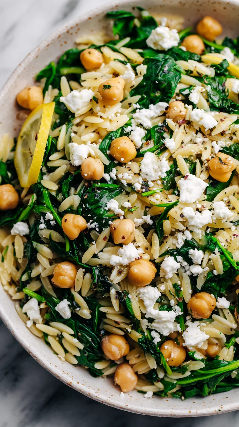 Lemon orzo salad with spinach and chickpeas.