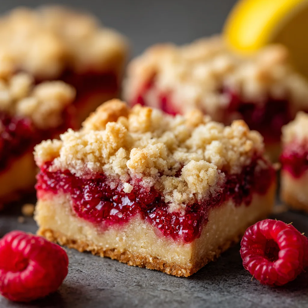 Lemon raspberry crumble bars, close-up.