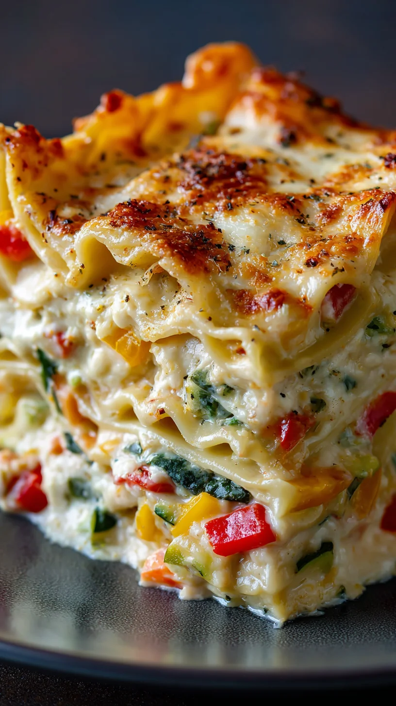 White lasagna showcasing colorful vegetable layers. White lasagna showcasing colorful vegetable layers.