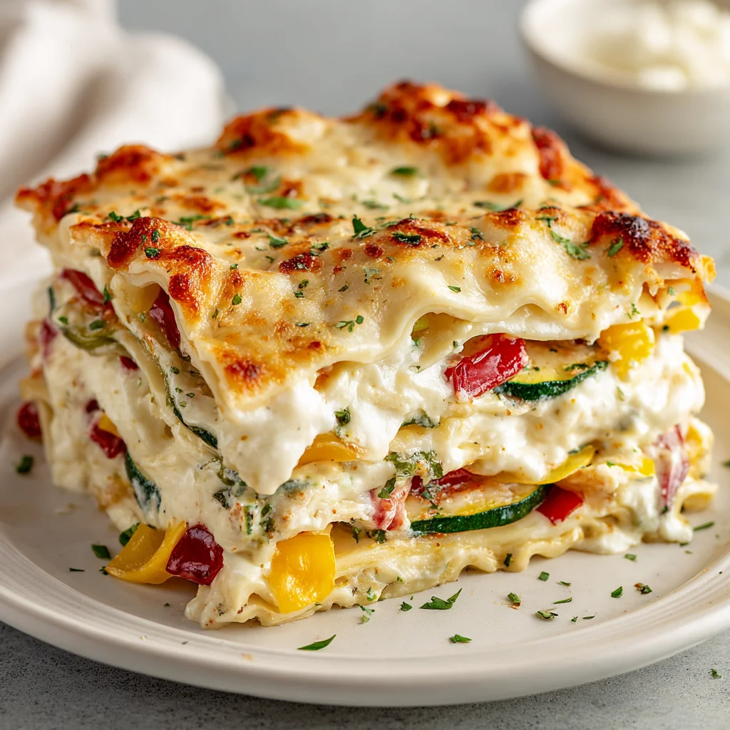 Close-up of a cheesy, vegetable-packed lasagna slice. Close-up of a cheesy, vegetable-packed lasagna slice.