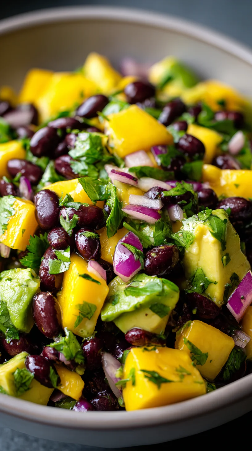 Vibrant mango black bean salad with lime wedges and cilantro garnish.