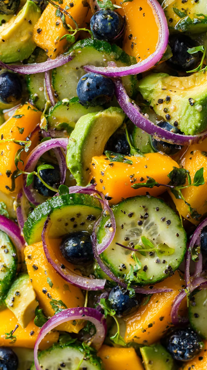 Mango cucumber salad with blueberries and avocado.