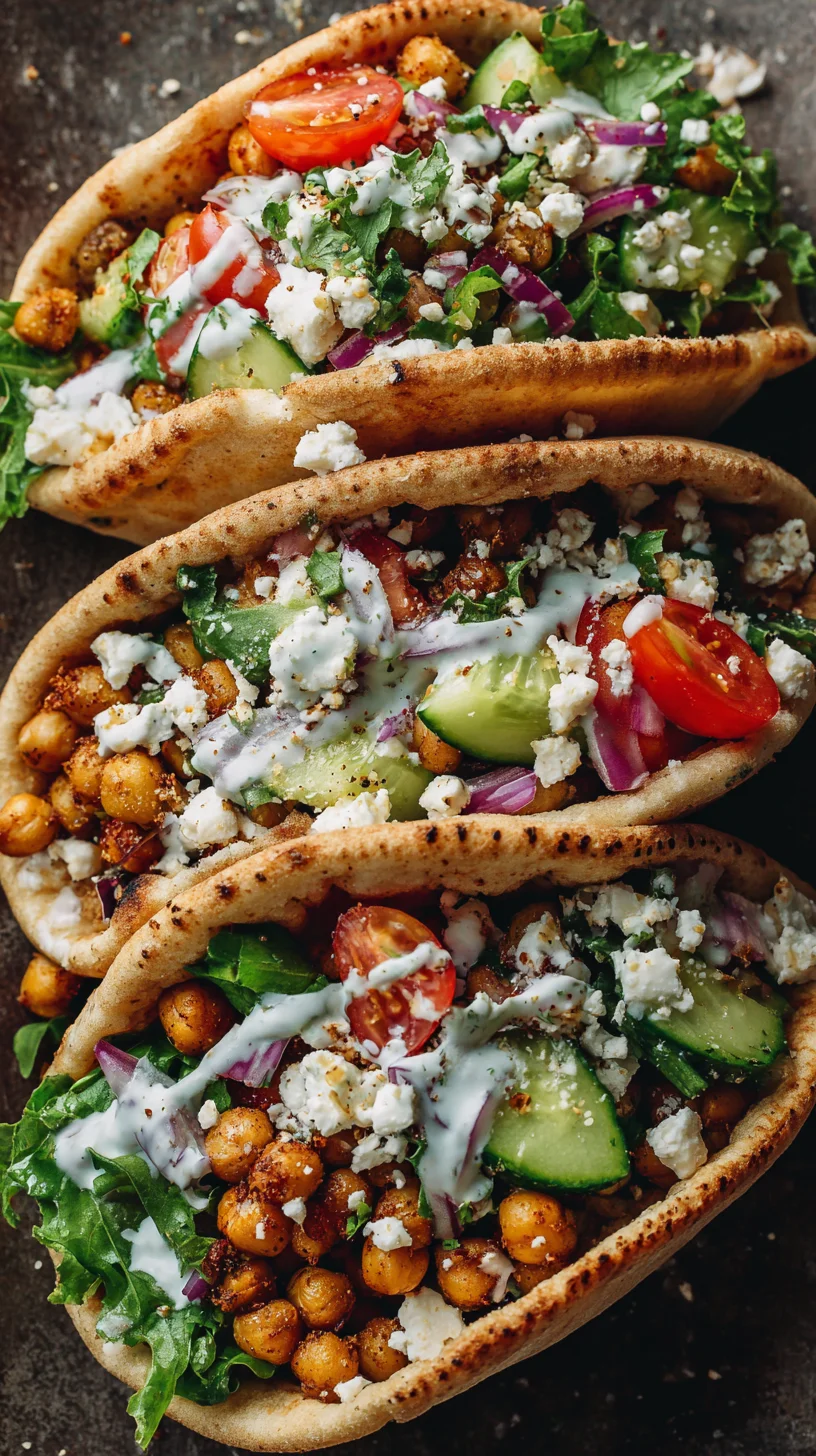 Chickpea pita tacos with Mediterranean toppings.