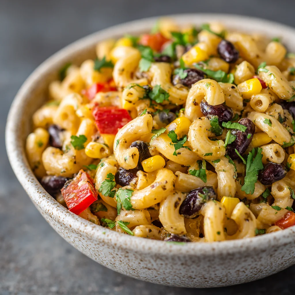 Mexican macaroni salad with colorful vegetables.