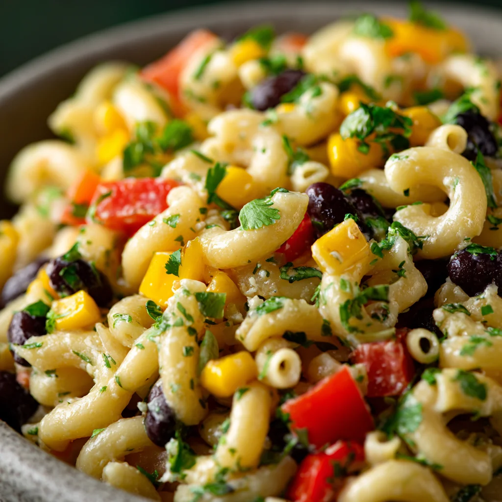 Creamy Mexican macaroni salad with corn and cilantro.