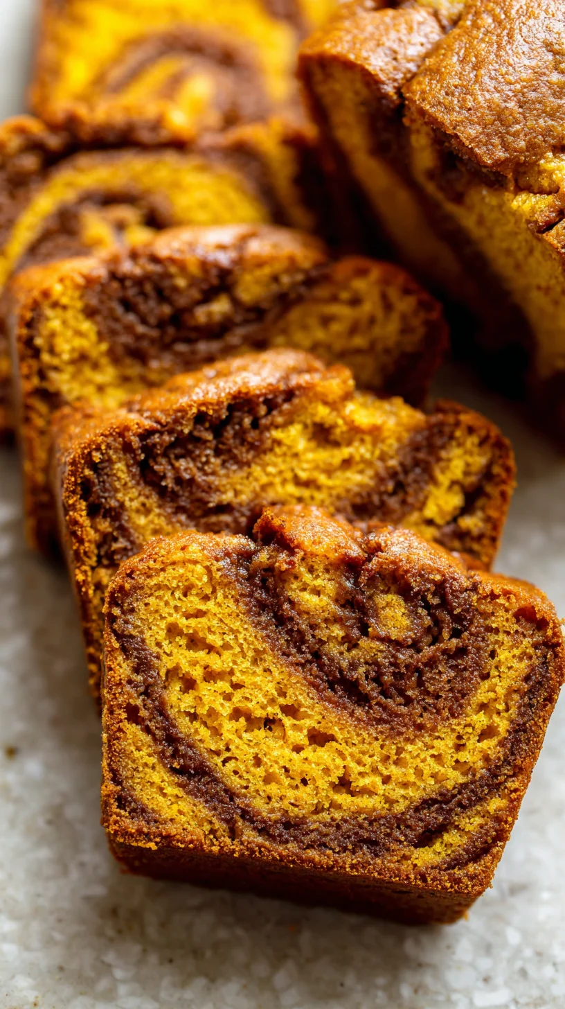 Close-up of a swirled cinnamon filling in pumpkin bread.