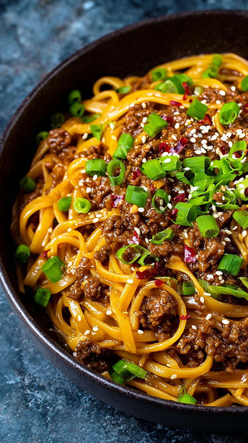 Mongolian ground beef noodles in a bowl. Mongolian ground beef noodles in a bowl.