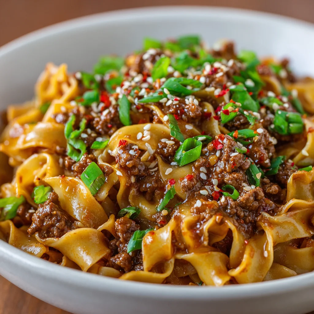 Close-up of savory ground beef noodles. Close-up of savory ground beef noodles.