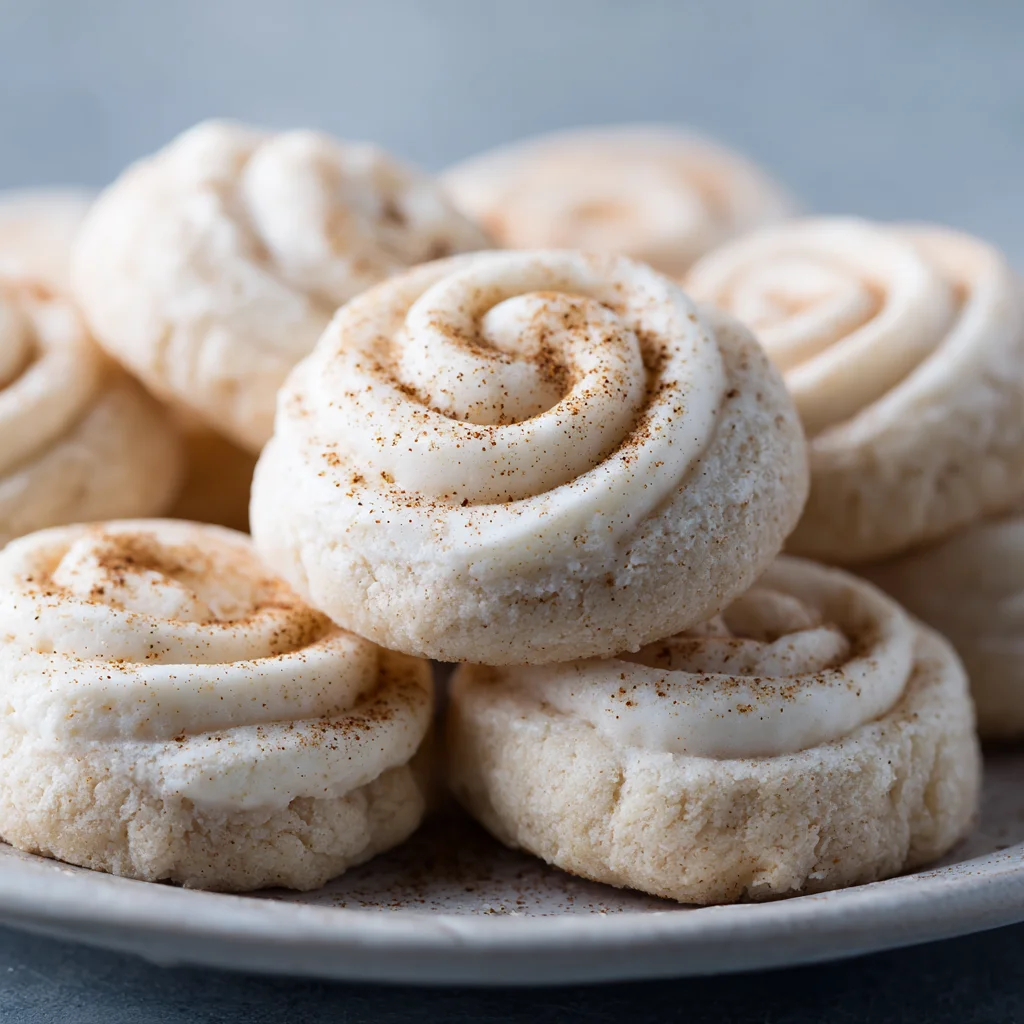 Close-up of a swirled, iced cinnamon roll cookie. Close-up of a swirled, iced cinnamon roll cookie.