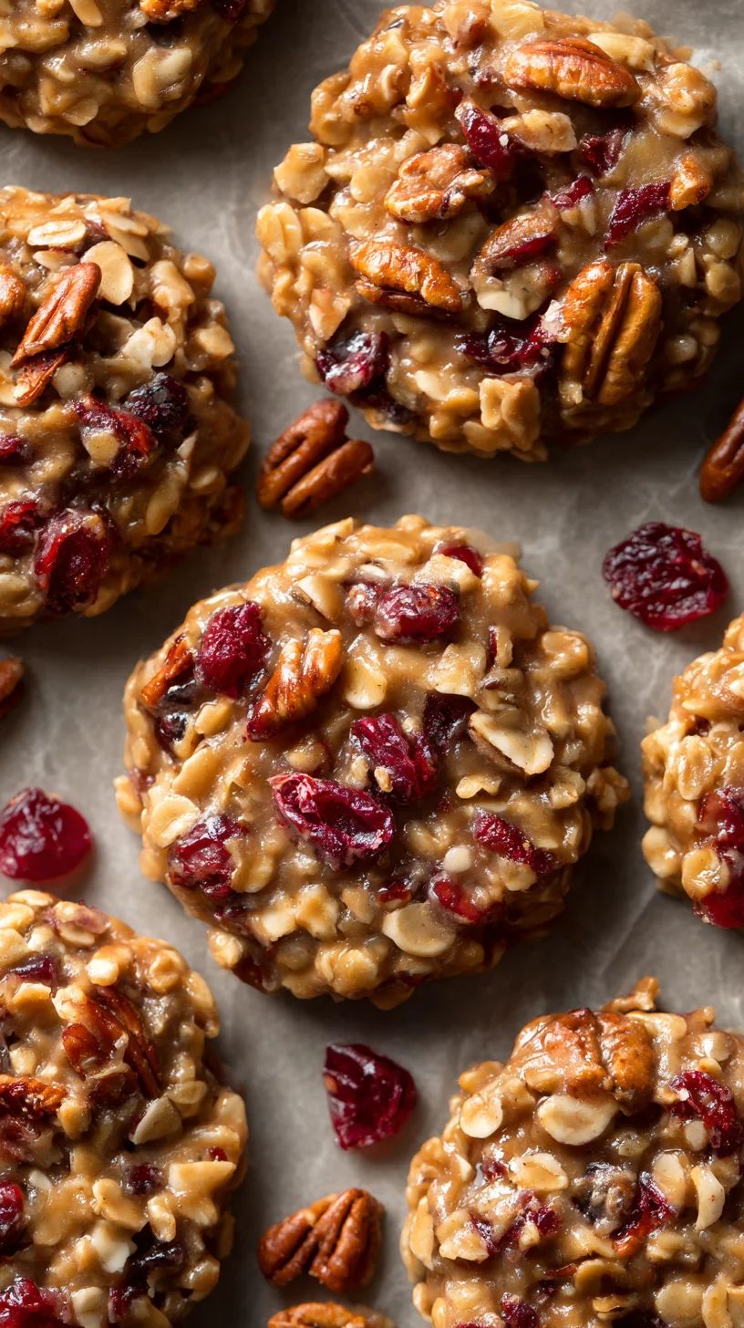 No-bake cranberry pecan praline cookies on a plate.