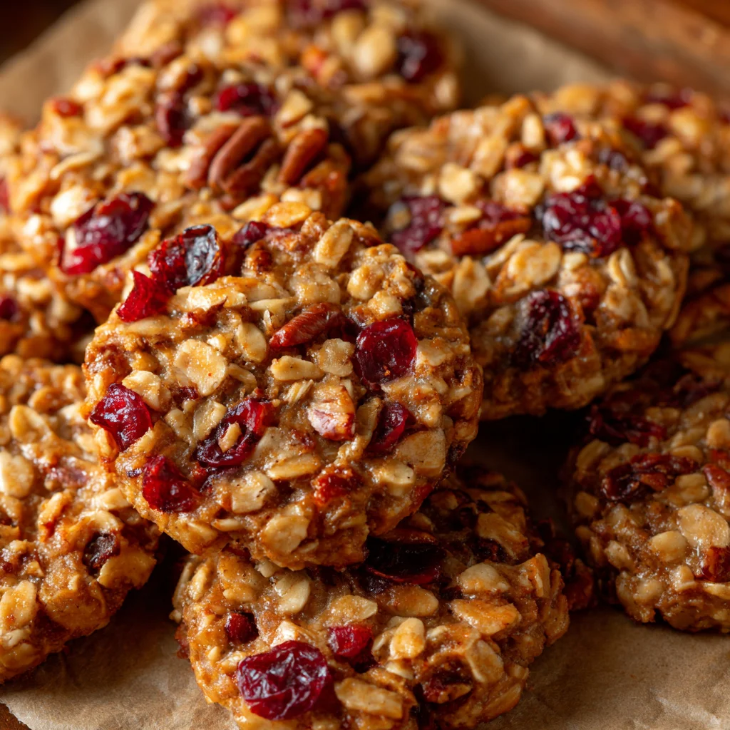 Close-up of a chewy, no-bake cranberry pecan cookie. Close-up of a chewy, no-bake cranberry pecan cookie.