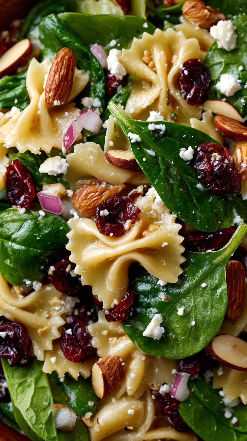 Spinach pasta salad with feta and cranberries.