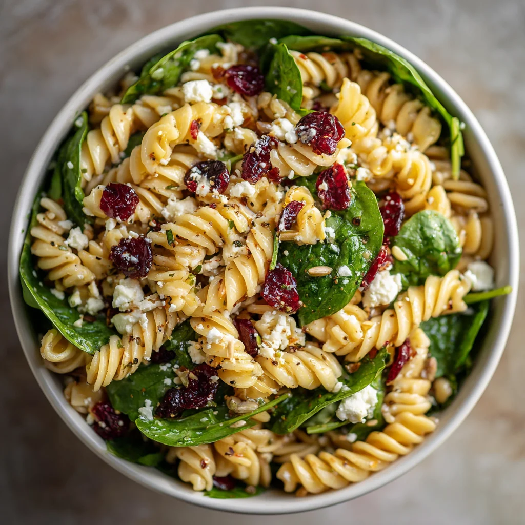 Close-up of vibrant spinach pasta salad.