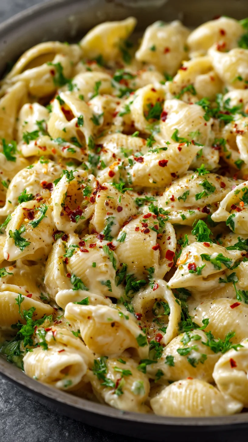 Creamy garlic pasta in a pot, ready to serve. Creamy garlic pasta in a pot, ready to serve.