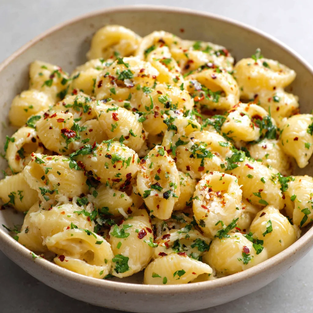 Close-up of glistening, sauce-covered pasta with garlic. Close-up of glistening, sauce-covered pasta with garlic.