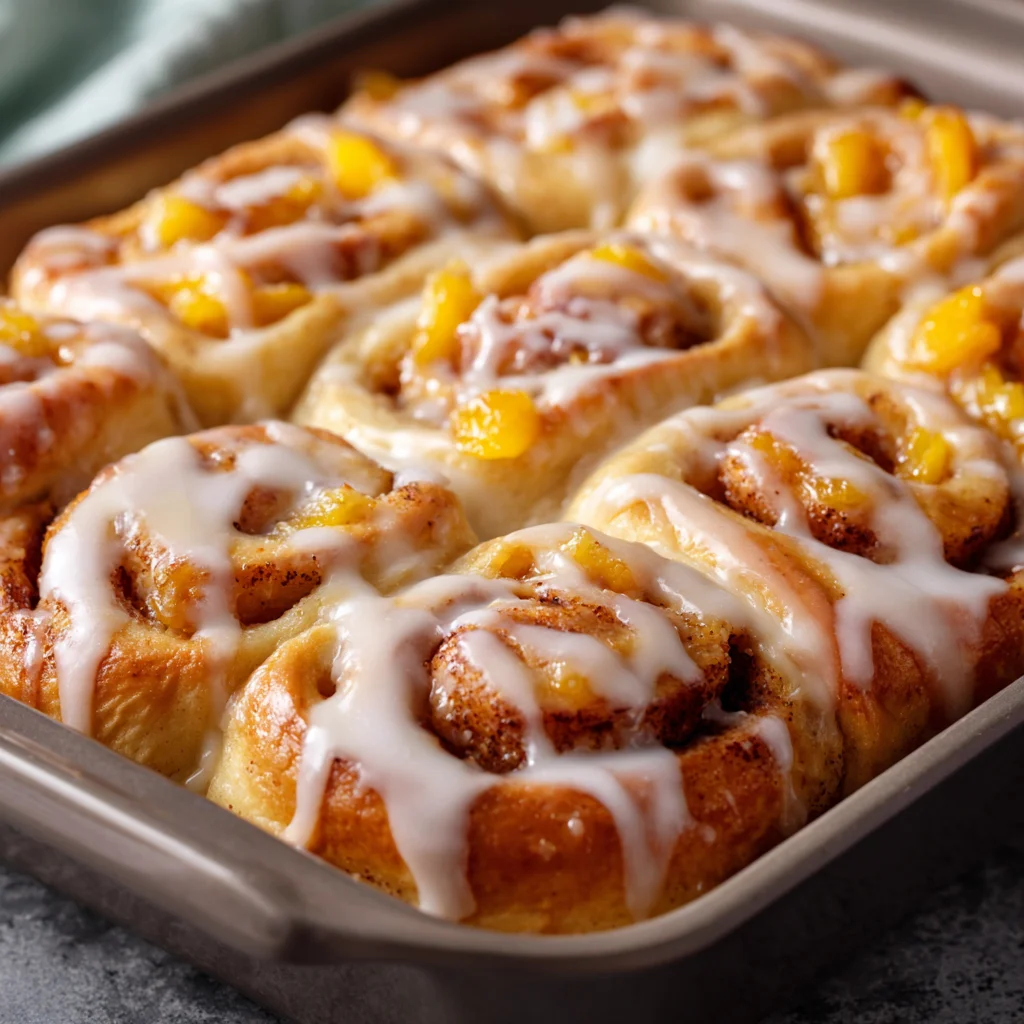 Homemade cinnamon rolls with peach cobbler topping. Homemade cinnamon rolls with peach cobbler topping.