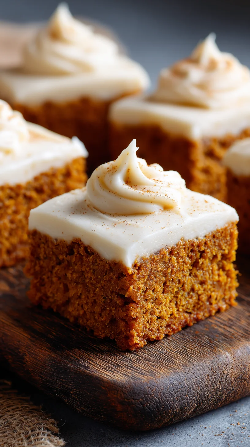 Pumpkin bars topped with swirls of cream cheese frosting. Pumpkin bars topped with swirls of cream cheese frosting.