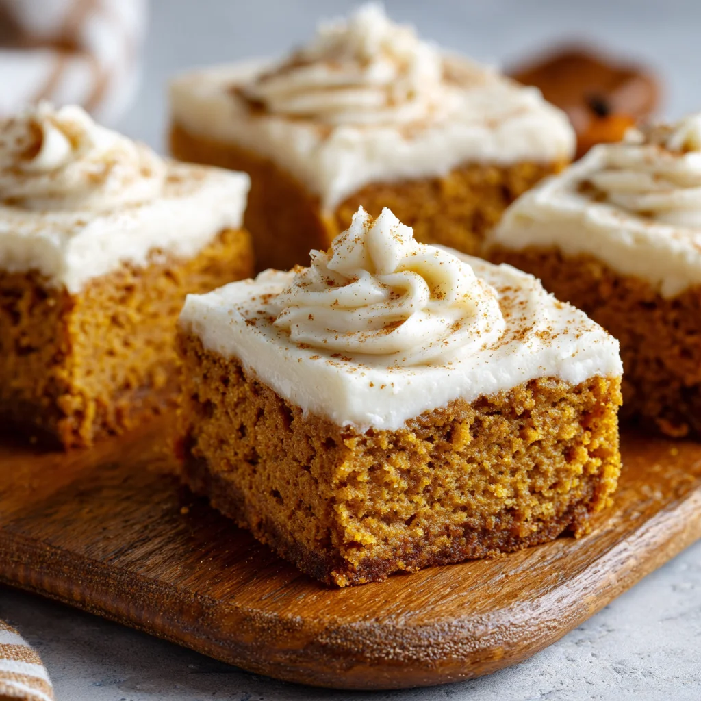 Creamy frosting swirling atop moist pumpkin bars. Creamy frosting swirling atop moist pumpkin bars.