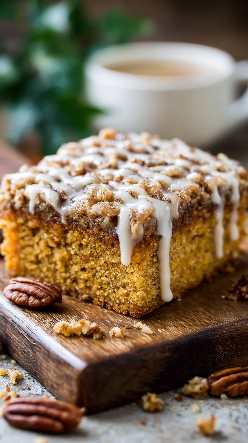 Golden-brown pumpkin coffee cake with streusel topping.