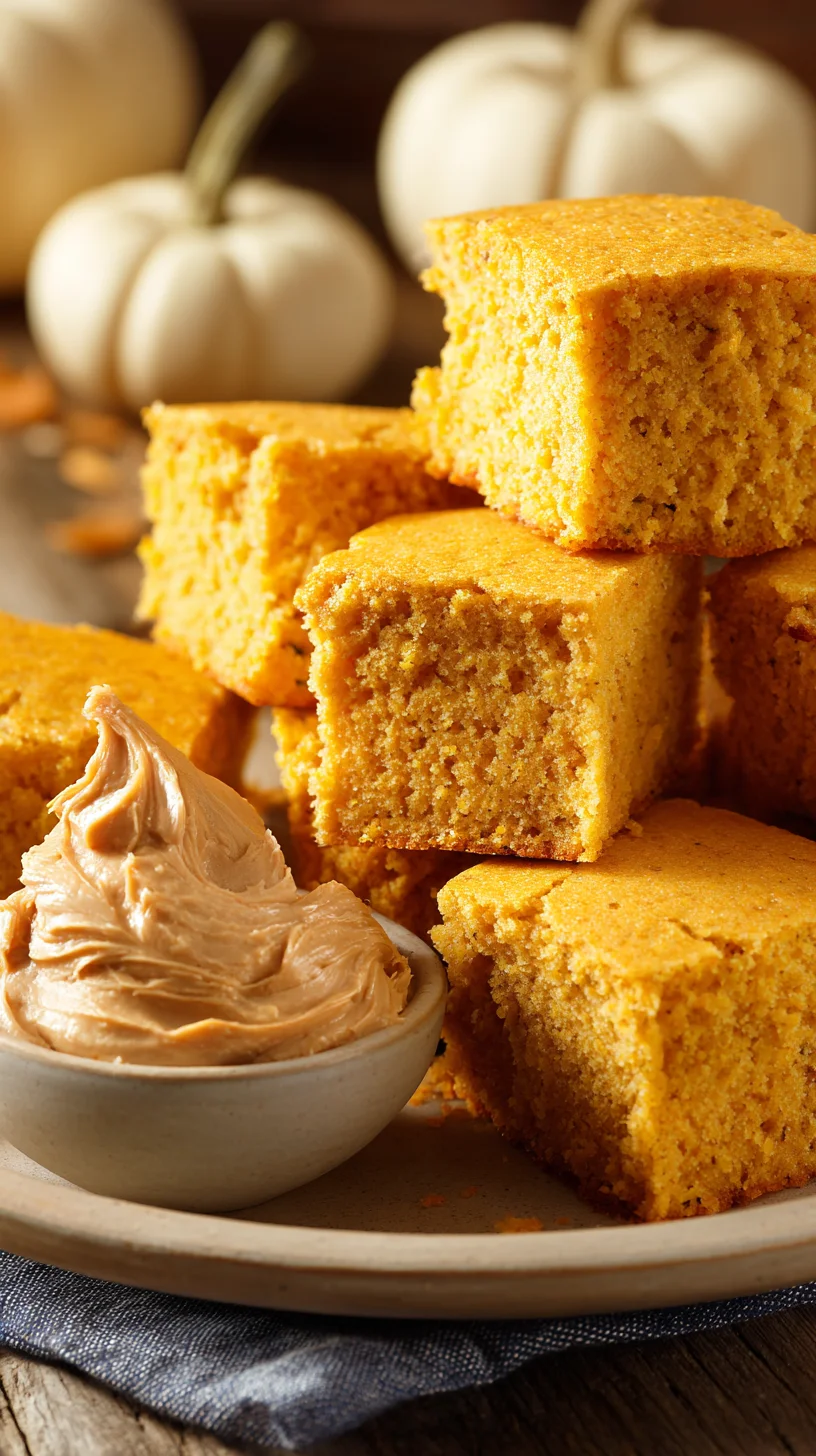 Golden pumpkin cornbread slice with honey butter. Golden pumpkin cornbread slice with honey butter.