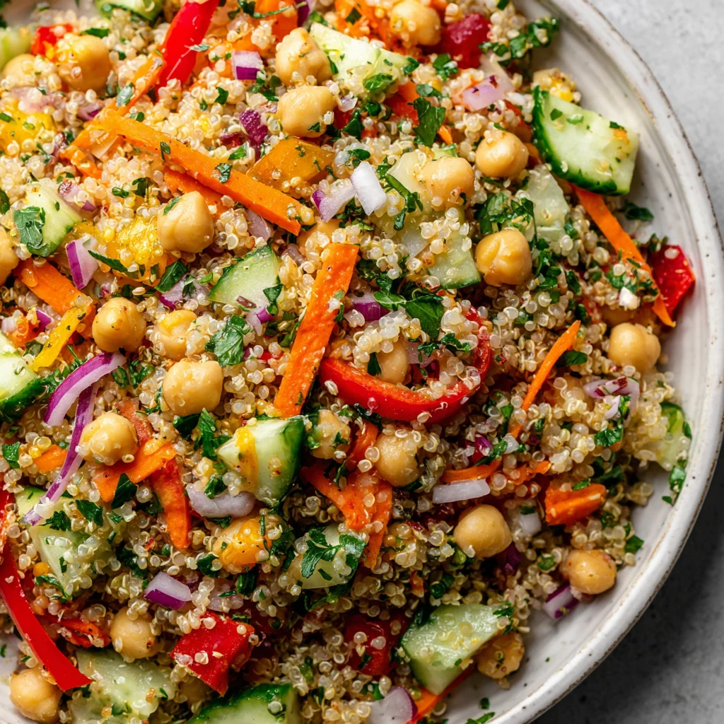 Colorful quinoa chickpea salad with lemon vinaigrette.