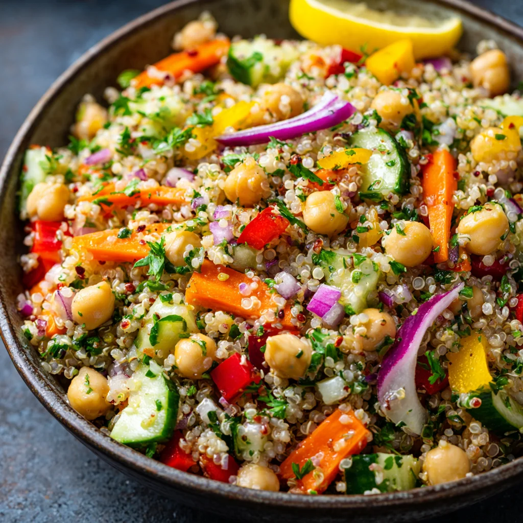 Close-up of a vibrant quinoa chickpea rainbow salad.