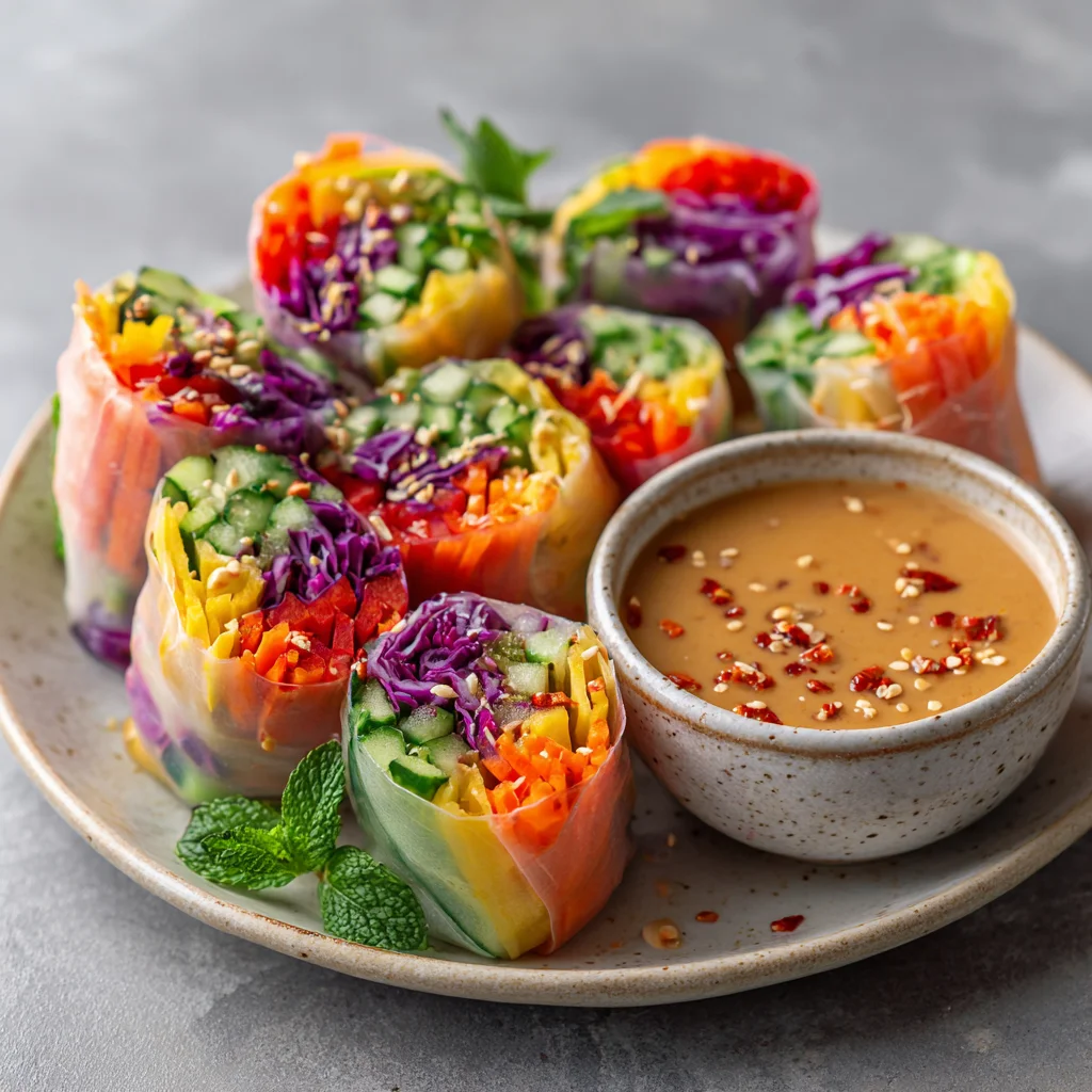 Colorful rice paper rolls filled with rainbow vegetables.