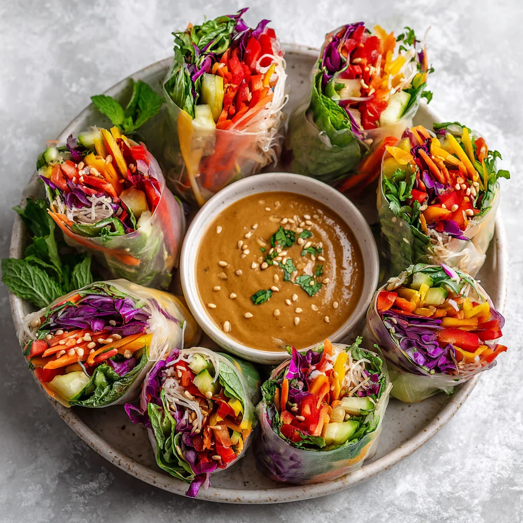 Vegan rice paper rolls with peanut dipping sauce. Vegan rice paper rolls with peanut dipping sauce.