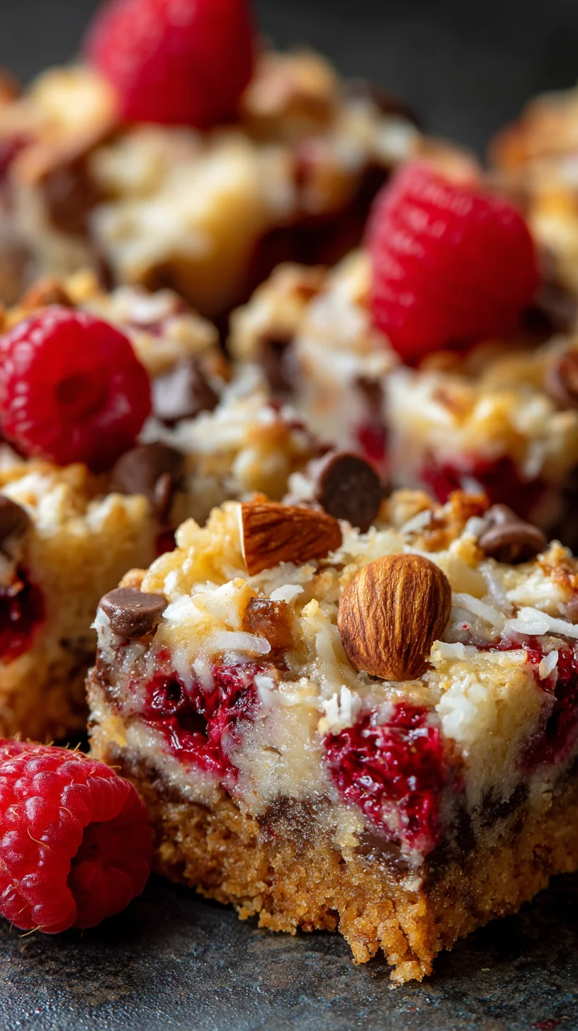 Raspberry coconut magic bar squares. Raspberry coconut magic bar squares.