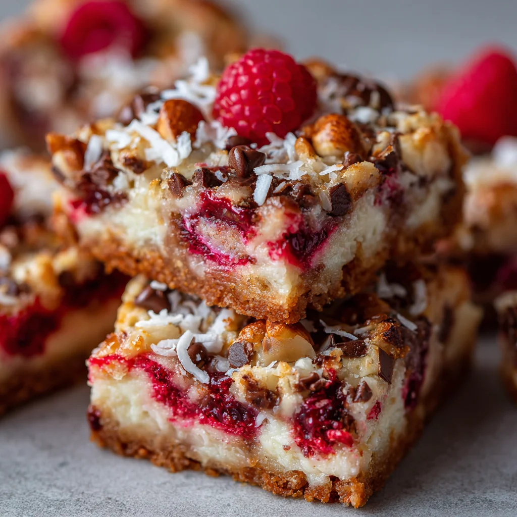 Layered dessert bars with raspberry and coconut. Layered dessert bars with raspberry and coconut.