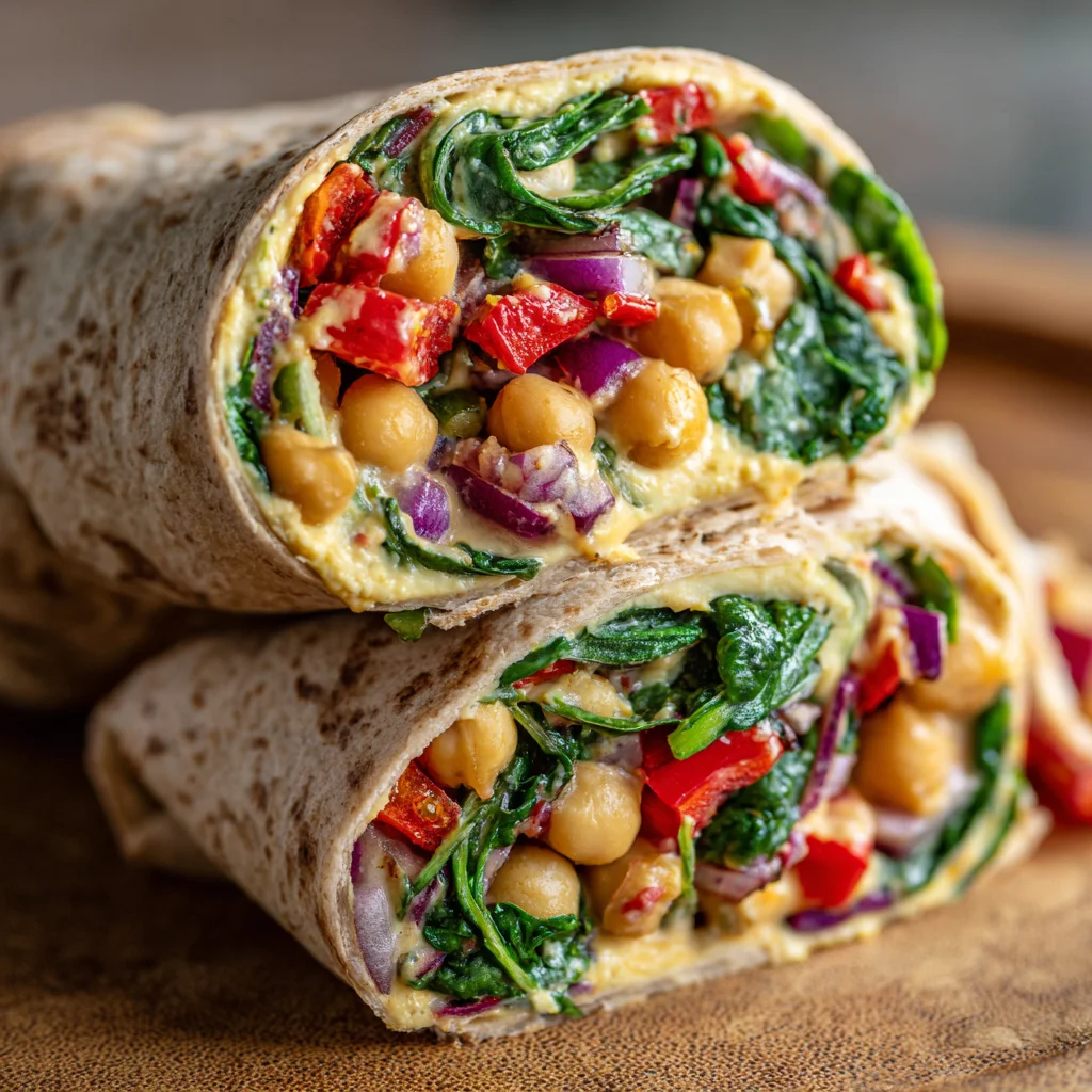 Vegan chickpea wrap with vibrant red peppers.