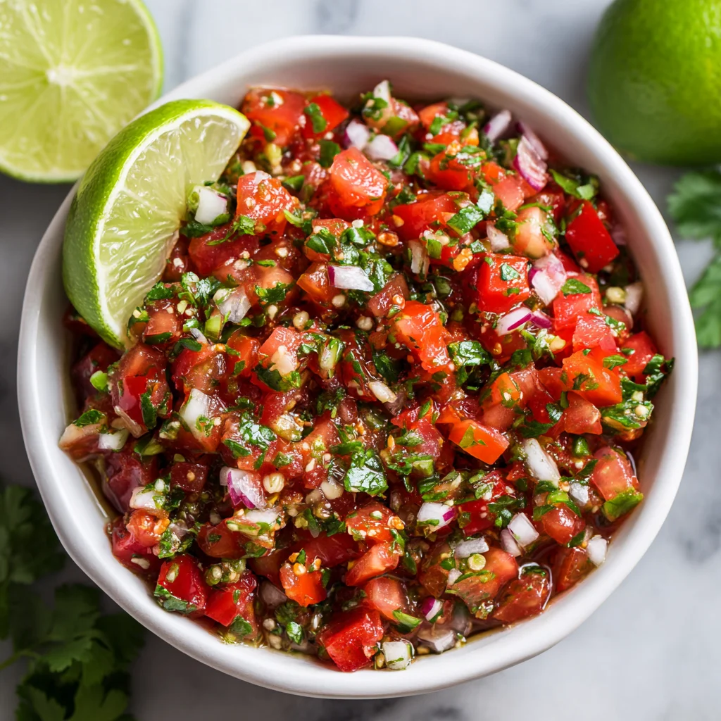 Bowl of vibrant red tomato salsa. Bowl of vibrant red tomato salsa.