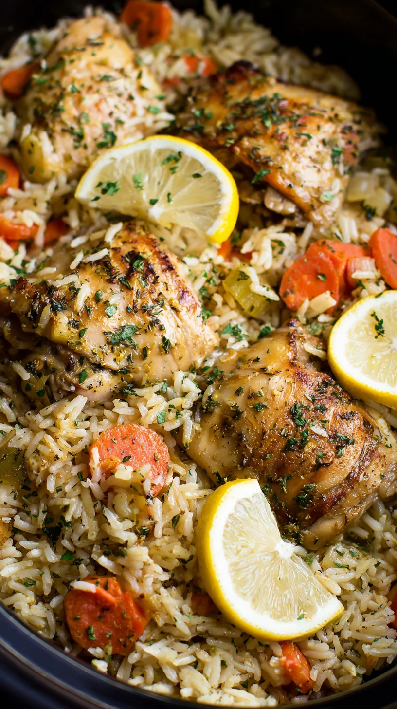 Lemon herb chicken and rice in a slow cooker.