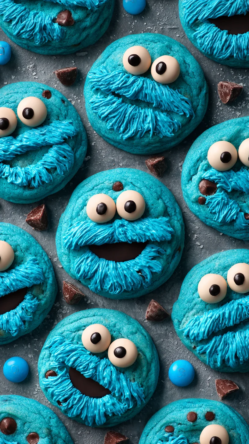 Blue cookies with candy eyes and chocolate chips. Blue cookies with candy eyes and chocolate chips.