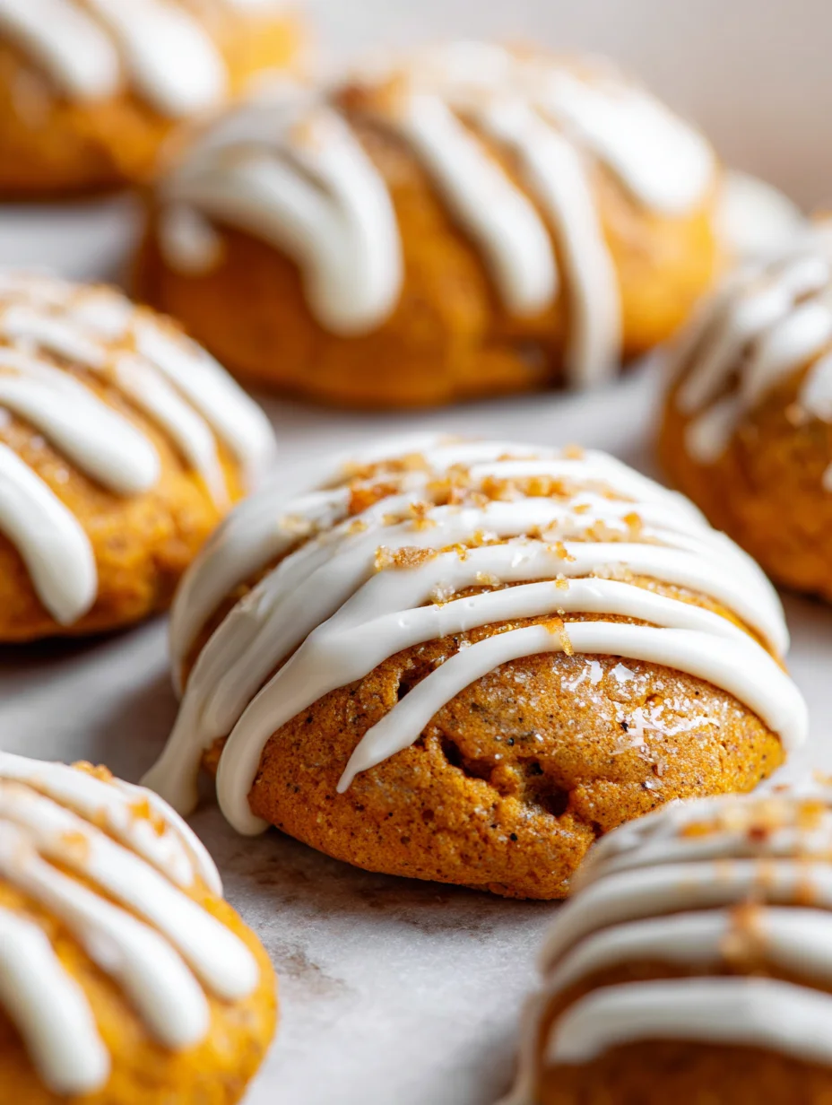 Soft pumpkin cookies topped with cream cheese icing. Soft pumpkin cookies topped with cream cheese icing.