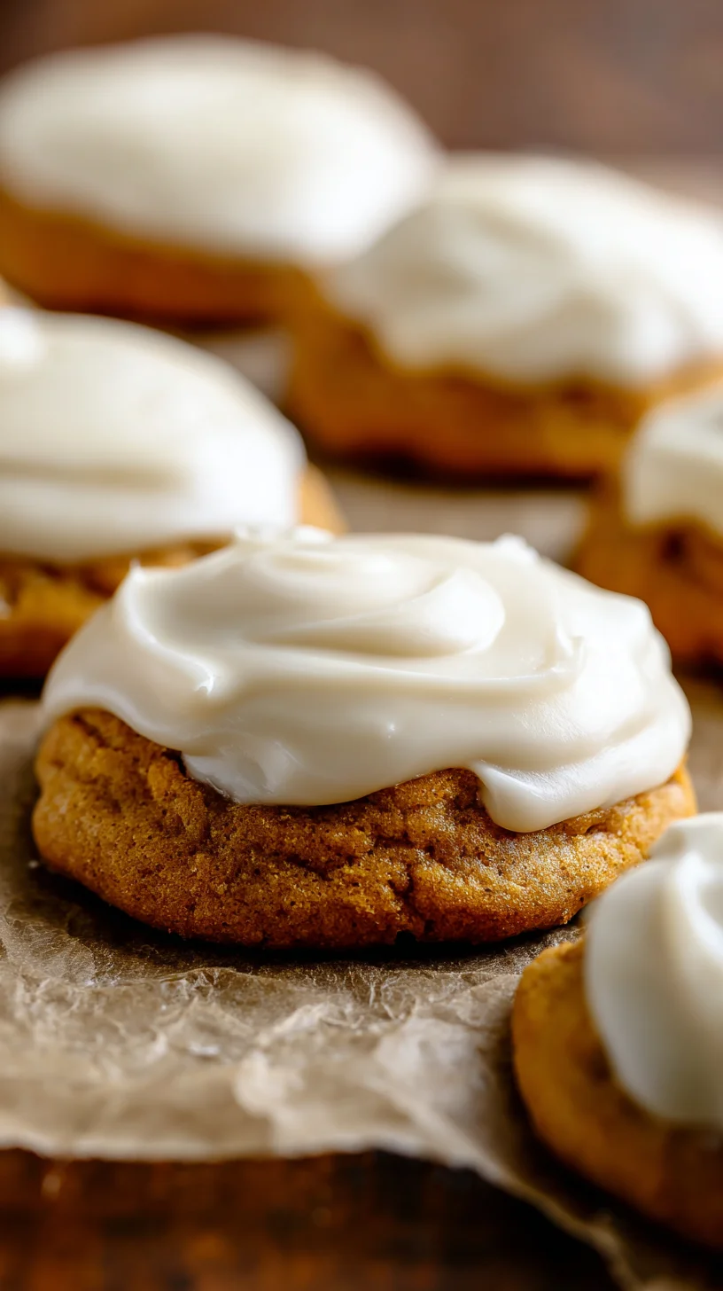 Soft pumpkin cookies topped with cream cheese frosting.