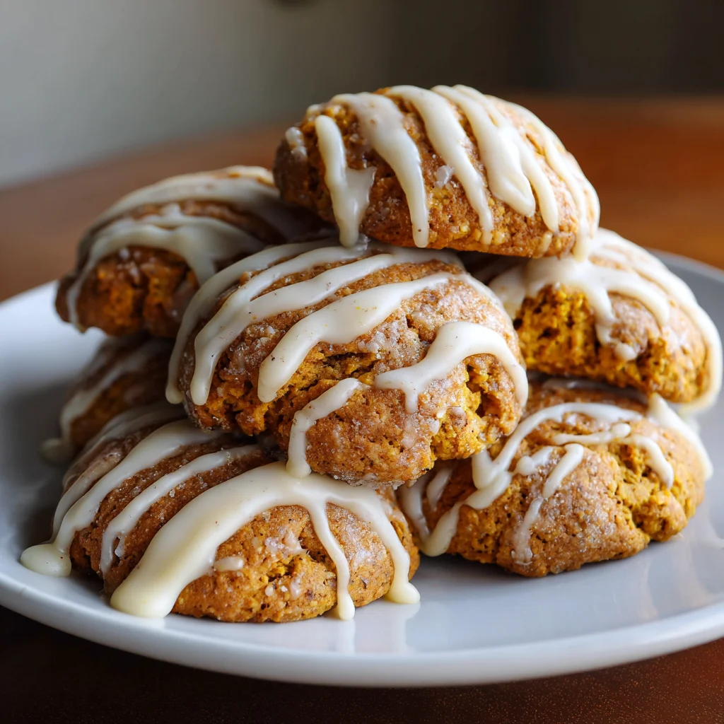 Close-up of a stack of iced pumpkin cookies. Close-up of a stack of iced pumpkin cookies.