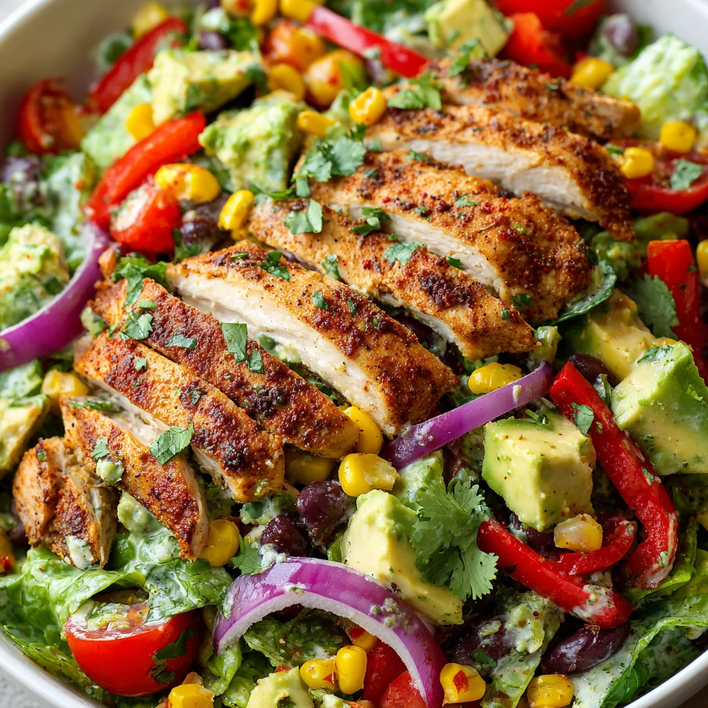 Close-up of a vibrant Southwest chicken salad.